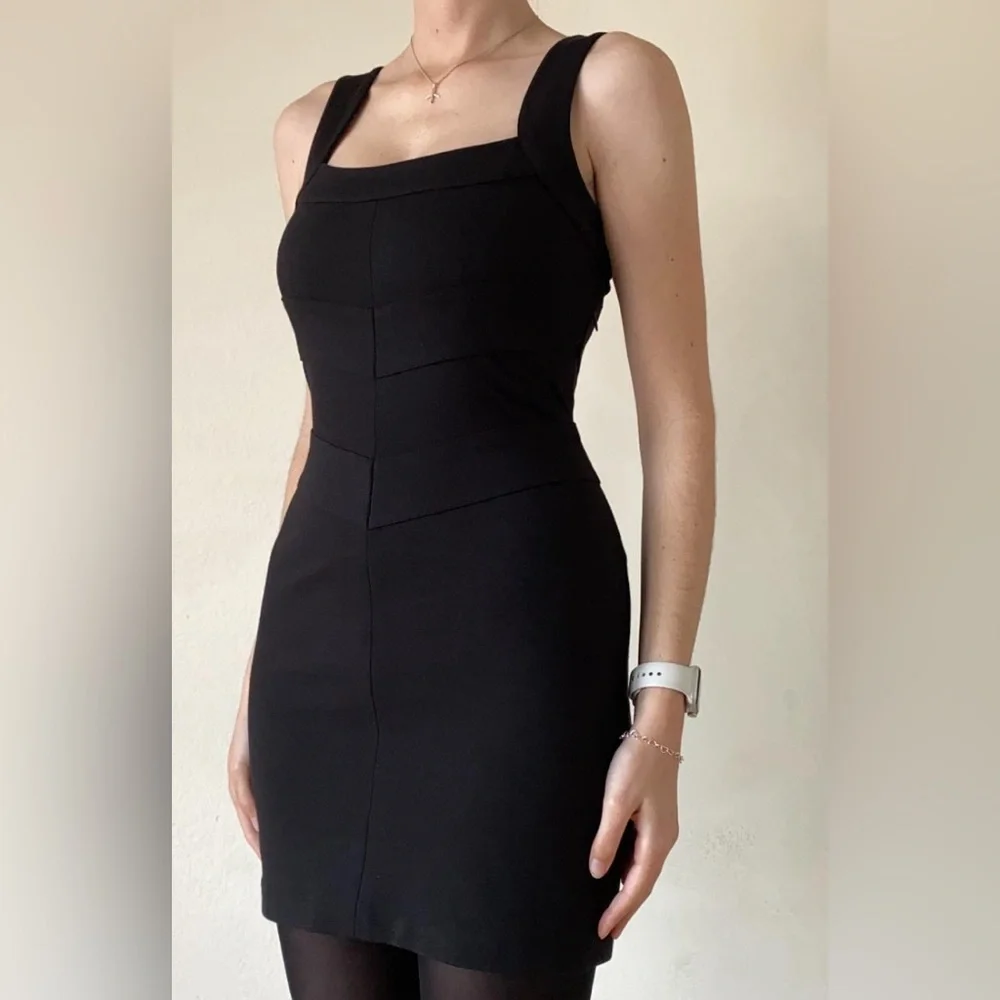 Paige. Sleeveless Little Black Mini Tank Dress Pieced Chevron Waist Square Neck
